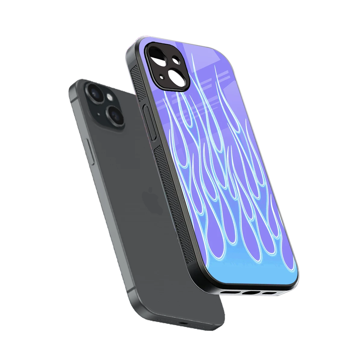Flames Blue sleek iphone 14 plus cover with tempered glass back and TPU edges