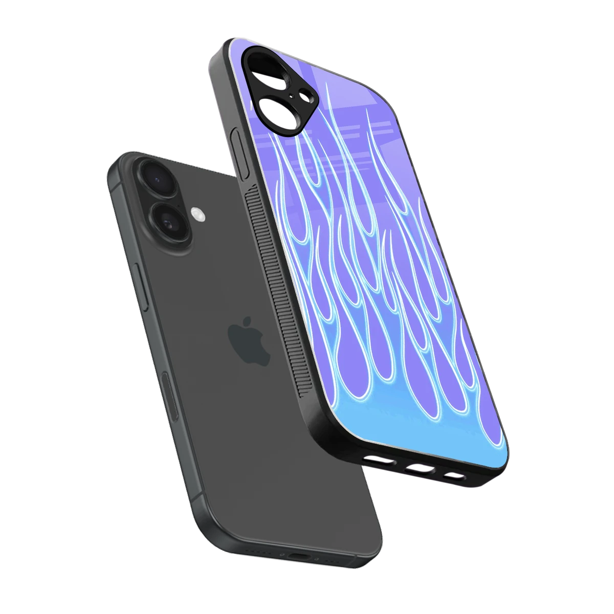 Flames Blue sleek iPhone 16 cover with tempered glass back and TPU edges