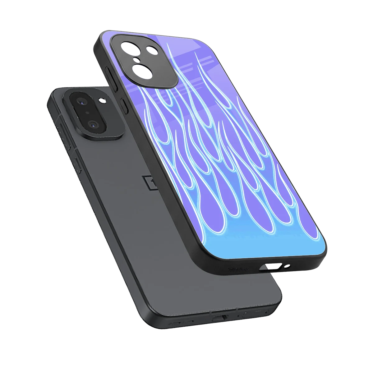 Flames Blue sleek oneplus 15r cover with tempered glass back and TPU edges