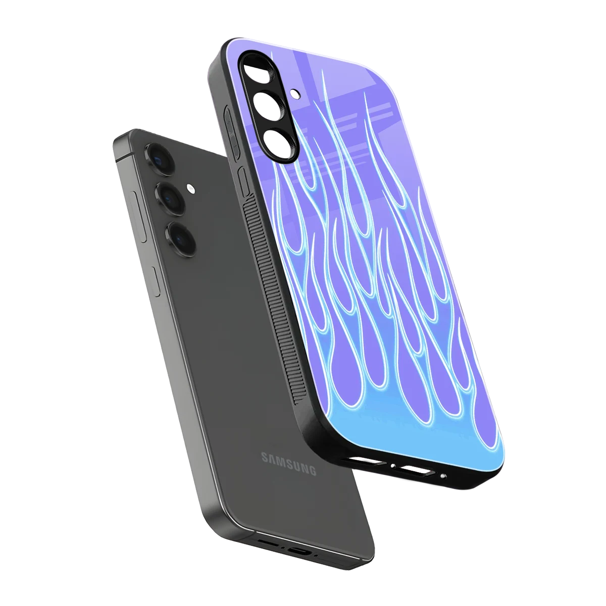 Flames Blue sleek samsung galaxy a14 5g cover with tempered glass back and TPU edges