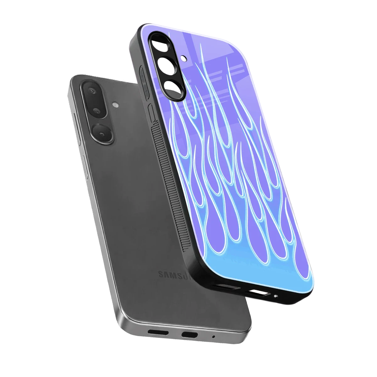 Flames Blue sleek samsung galaxy m16 5g cover with tempered glass back and TPU edges