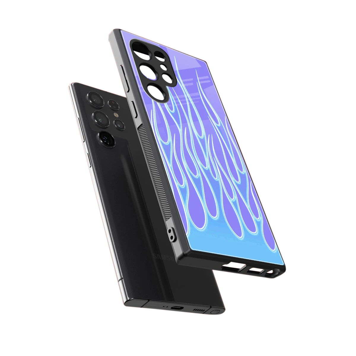 Flames Blue sleek samsung galaxy s23 ultra cover with tempered glass back and TPU edges