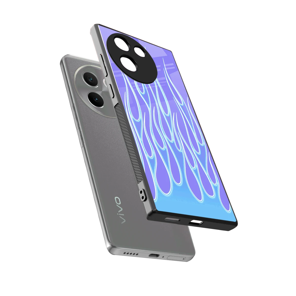Flames Blue sleek vivo v30e cover with tempered glass back and TPU edges