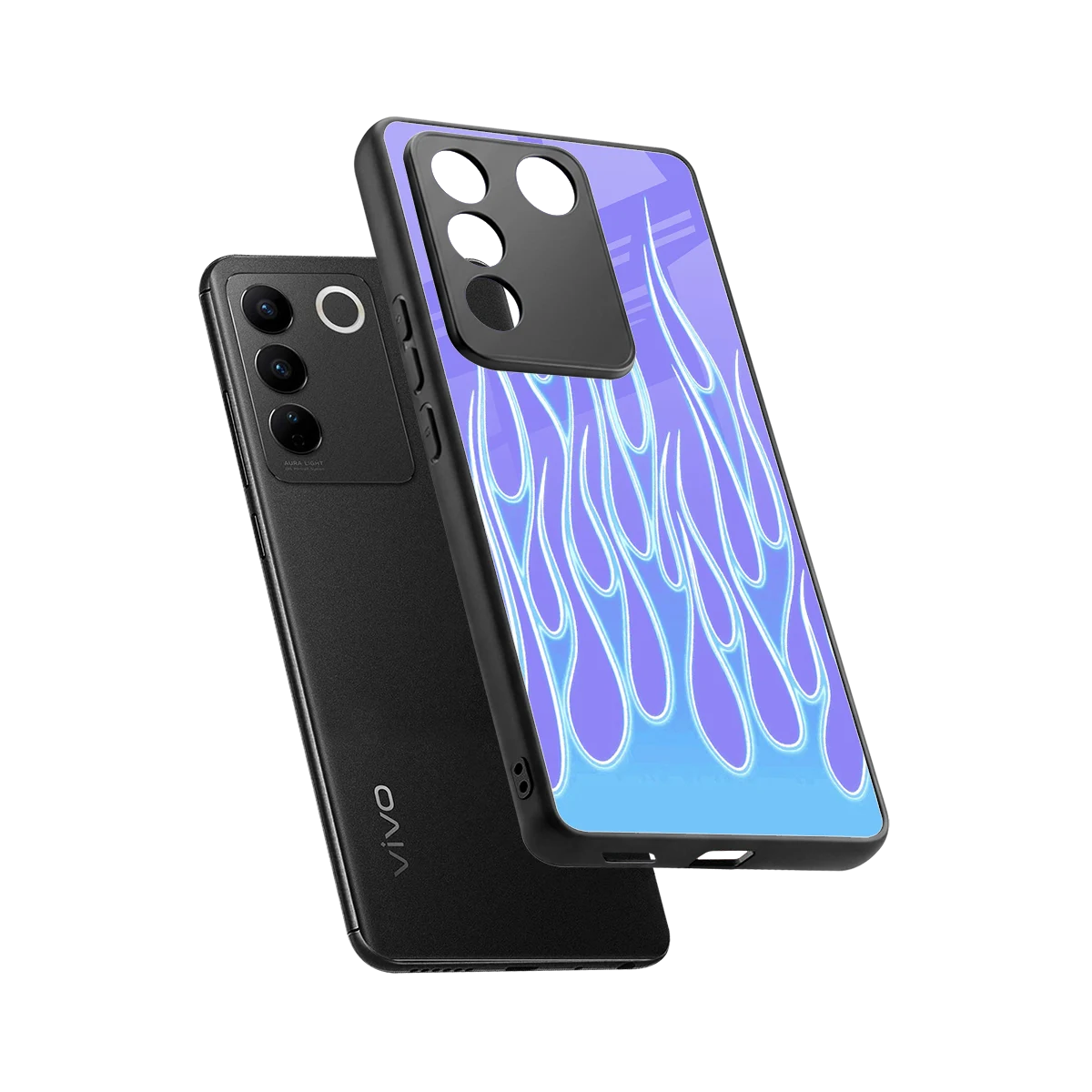 Flames Blue sleek vivo v27 5g cover with tempered glass back and TPU edges