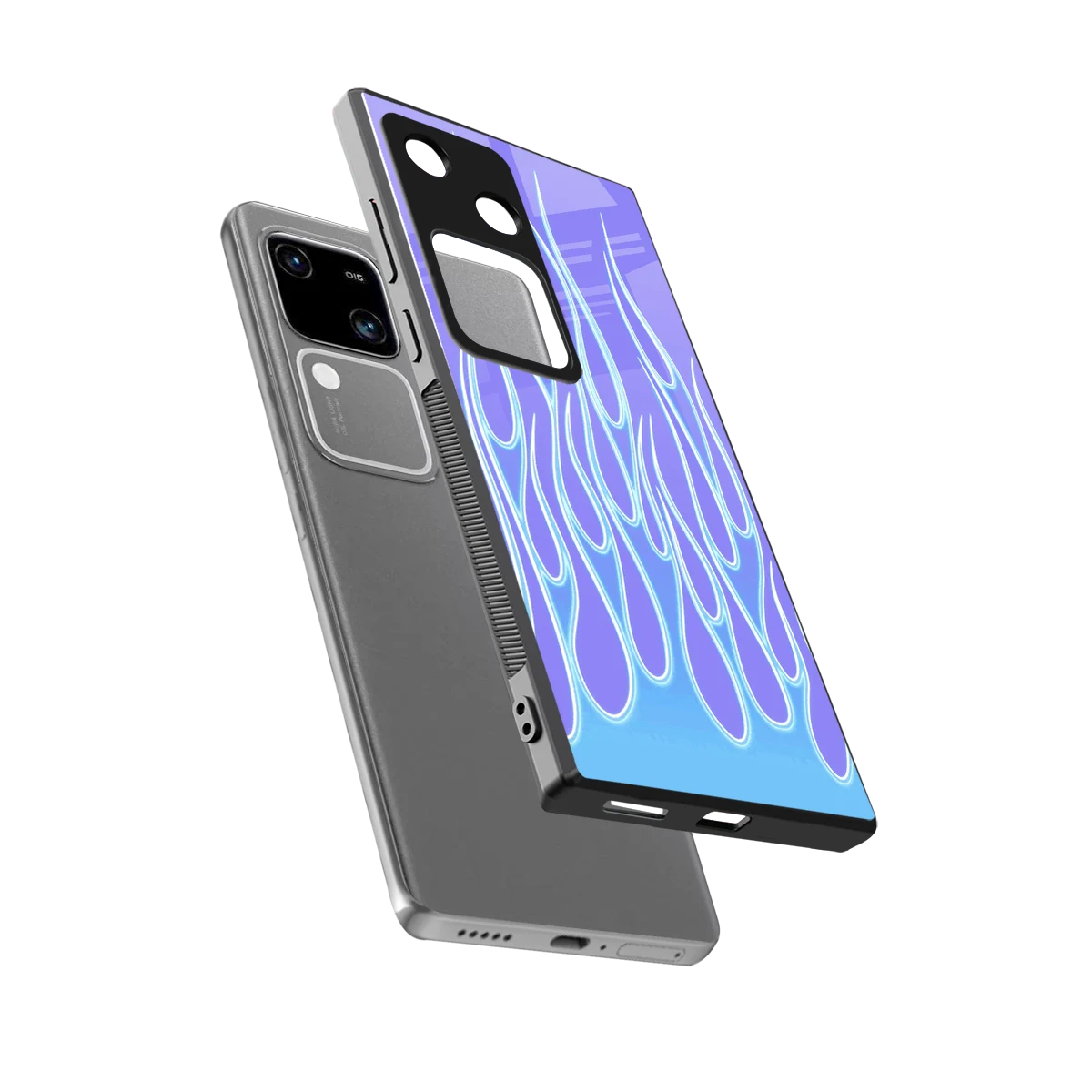 Flames Blue sleek vivo v30 cover with tempered glass back and TPU edges