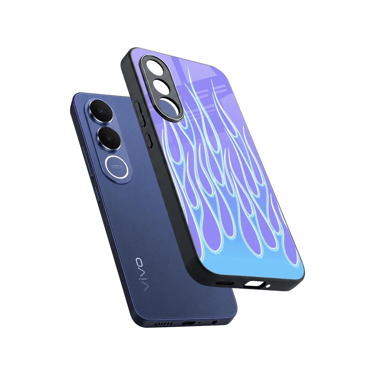 Flames Blue sleek vivo v70 fe cover with tempered glass back and TPU edges