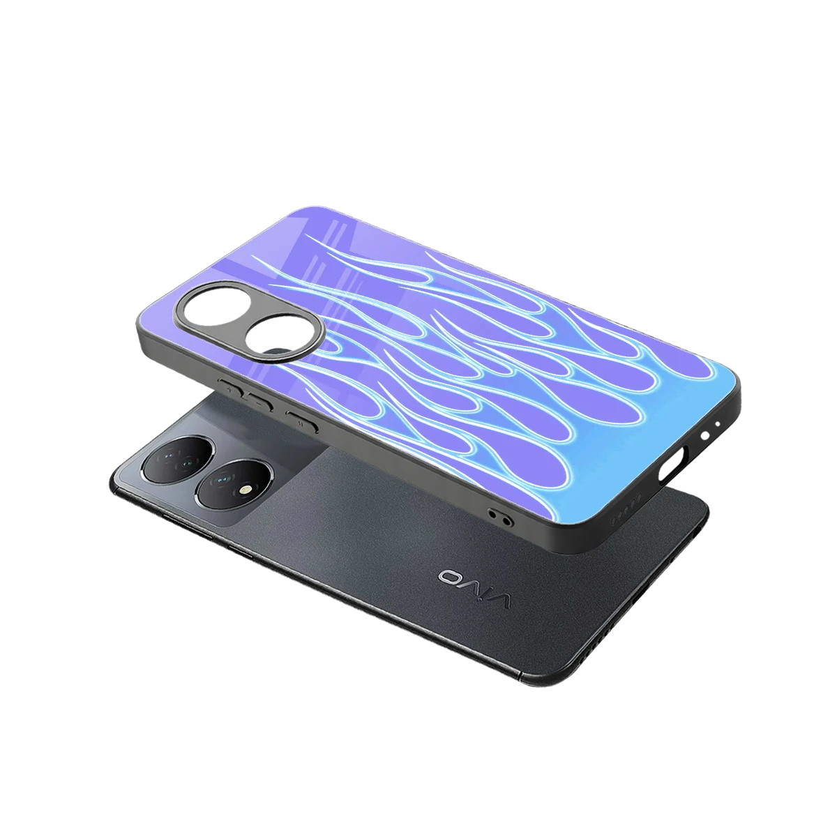 Flames Blue sleek Vivo-y100 cover with tempered glass back and TPU edges
