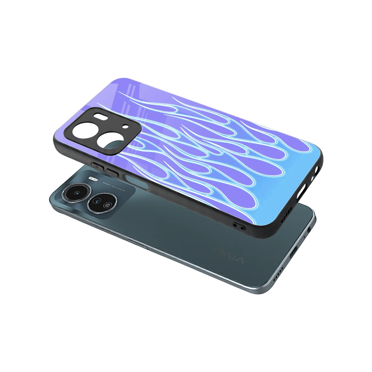 Flames Blue sleek vivo y16 cover with tempered glass back and TPU edges