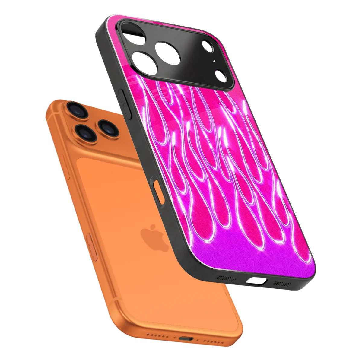 Flames Hot Pink sleek iphone 17 pro cover with tempered glass back and TPU edges