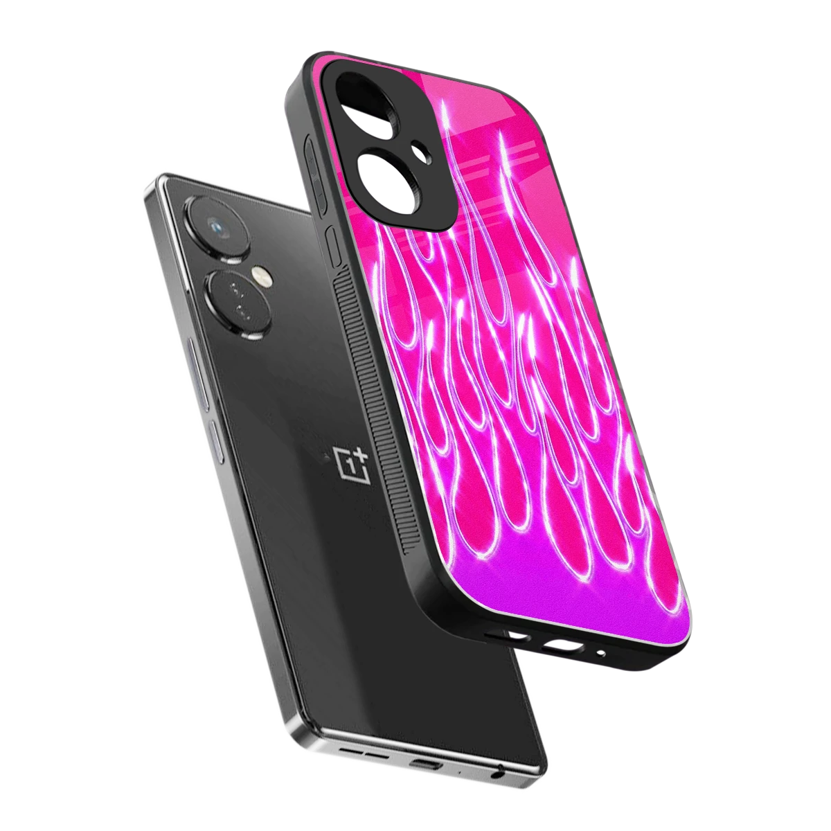 Flames Hot Pink sleek oneplus nord ce 3 cover with tempered glass back and TPU edges