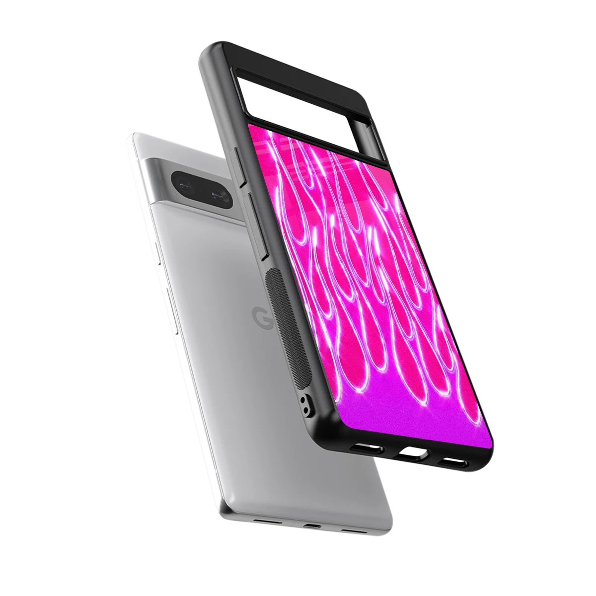 Flames Hot Pink sleek google pixel 7a cover with tempered glass back and TPU edges
