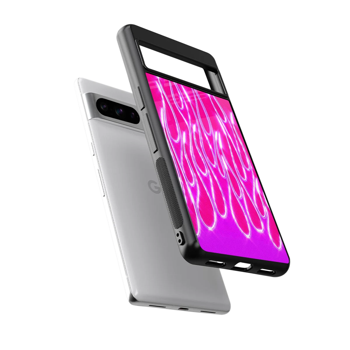 Flames Hot Pink sleek google pixel 8 pro cover with tempered glass back and TPU edges