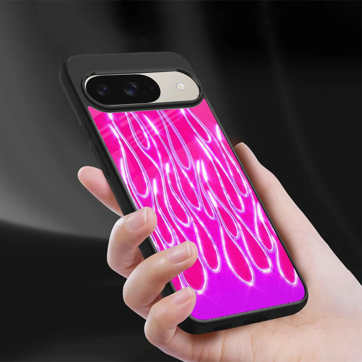 Flames Hot Pink sleek google pixel 9 cover with tempered glass back and TPU edges