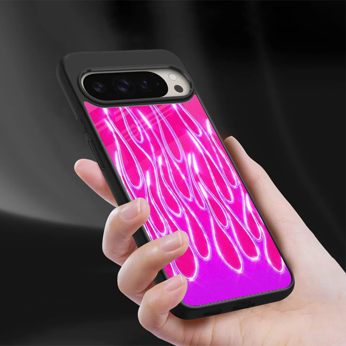 Flames Hot Pink sleek google pixel 9 pro cover with tempered glass back and TPU edges