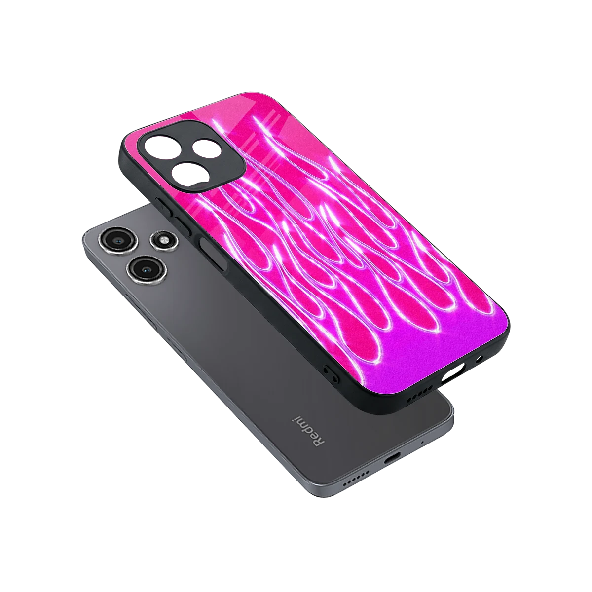 Flames Hot Pink sleek redmi 12 5g cover with tempered glass back and TPU edges