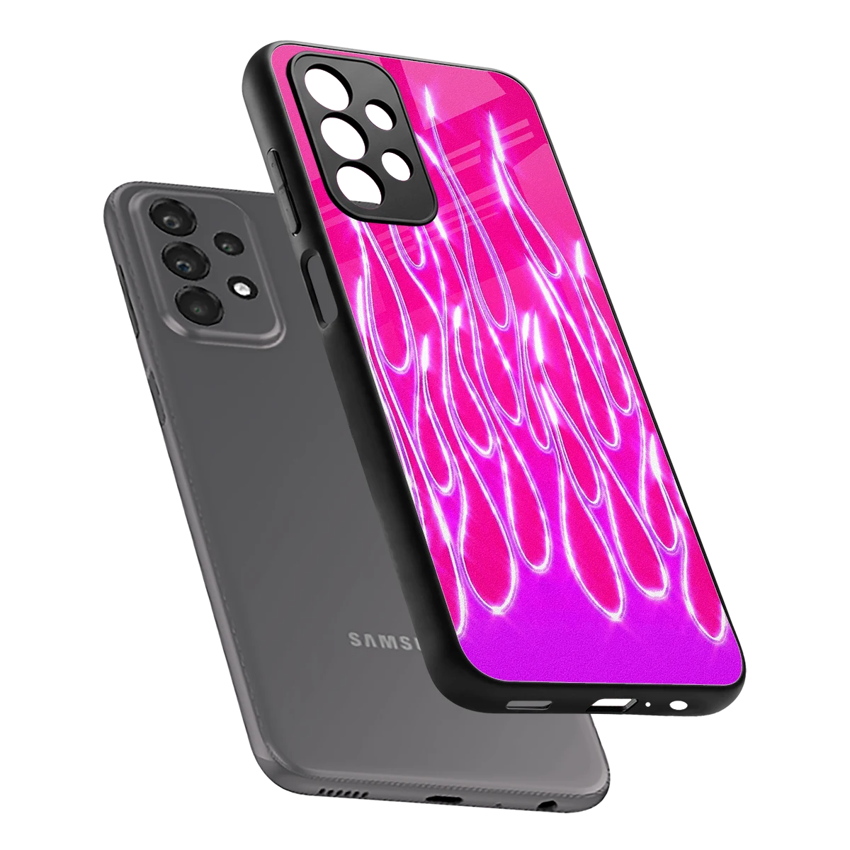 Flames Hot Pink sleek samsung galaxy a23 cover with tempered glass back and TPU edges