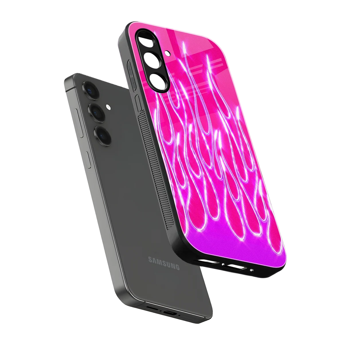 Flames Hot Pink sleek samsung galaxy a55 5g cover with tempered glass back and TPU edges