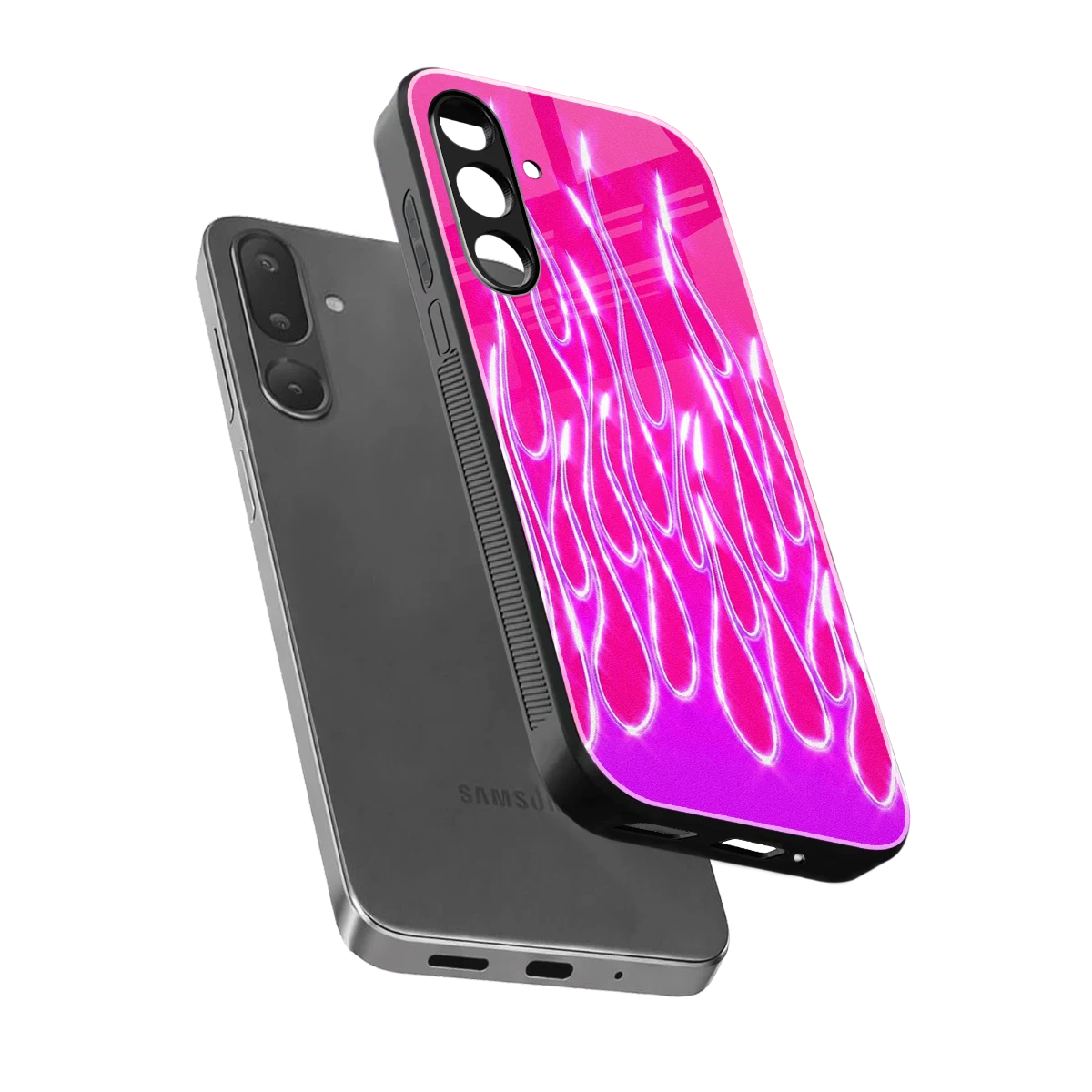 Flames Hot Pink sleek samsung galaxy m56 5g cover with tempered glass back and TPU edges
