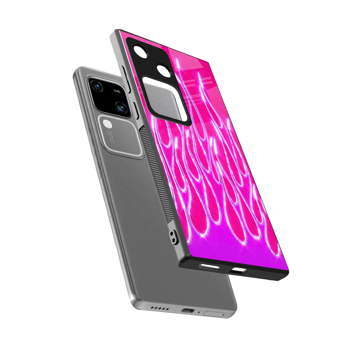 Flames Hot Pink sleek vivo v30 cover with tempered glass back and TPU edges
