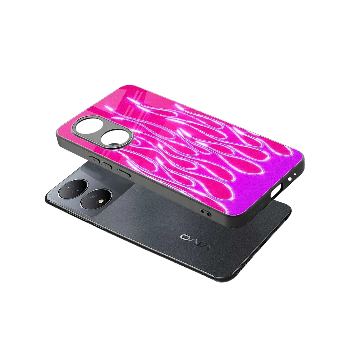 Flames Hot Pink sleek Vivo-y100 cover with tempered glass back and TPU edges