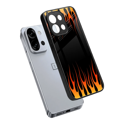 Flames Hot Red sleek oneplus 13s cover with tempered glass back and TPU edges
