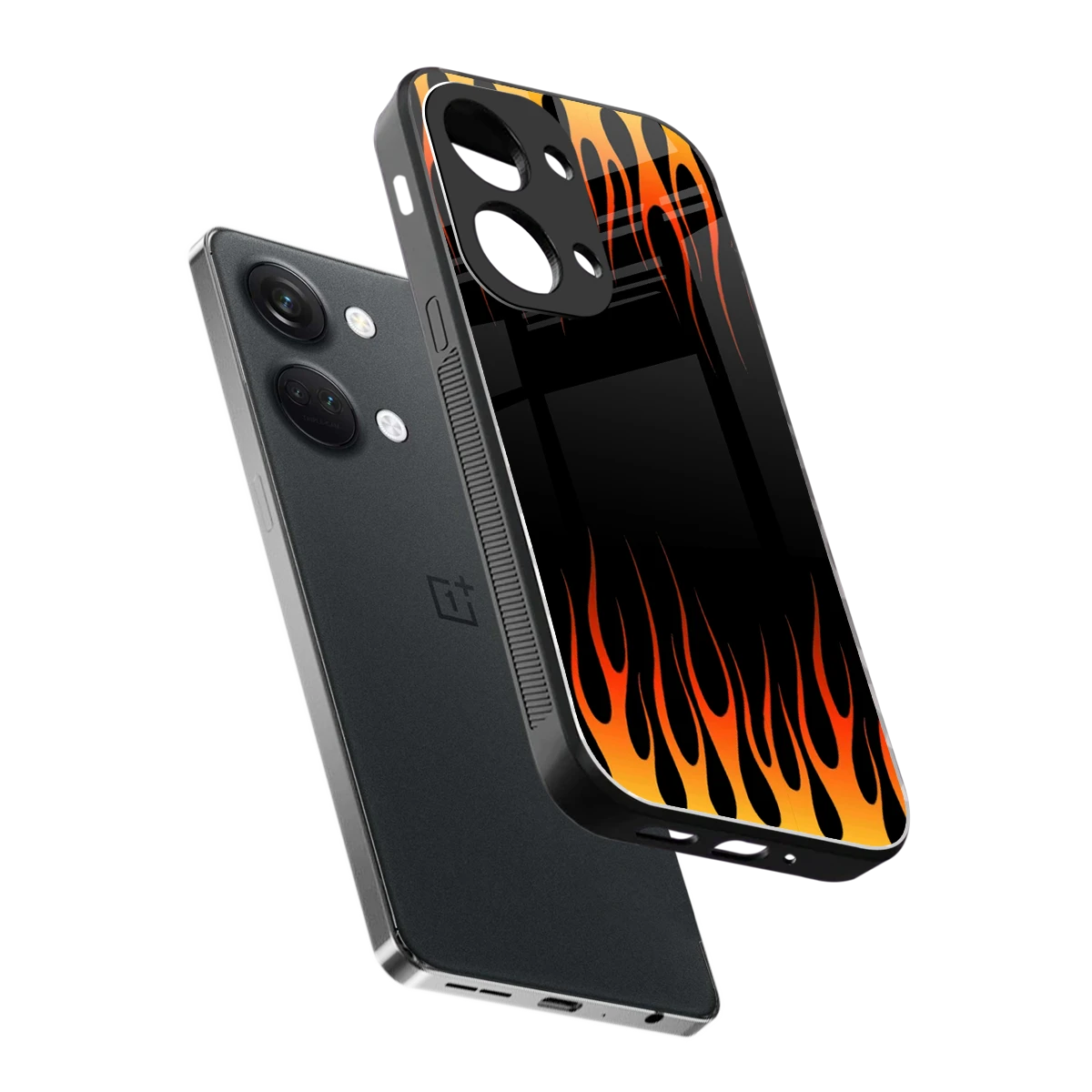 Flames Hot Red sleek oneplus nord 3 cover with tempered glass back and TPU edges