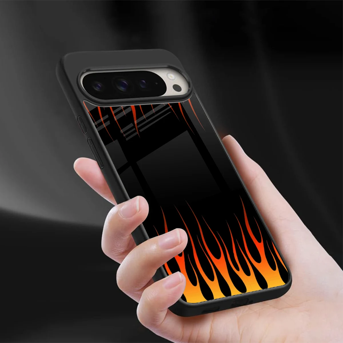 Flames Hot Red sleek google pixel 9 pro cover with tempered glass back and TPU edges