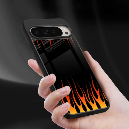 Flames Hot Red sleek google pixel 9 pro cover with tempered glass back and TPU edges
