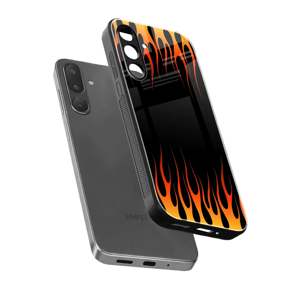 Flames Hot Red sleek samsung galaxy m56 5g cover with tempered glass back and TPU edges