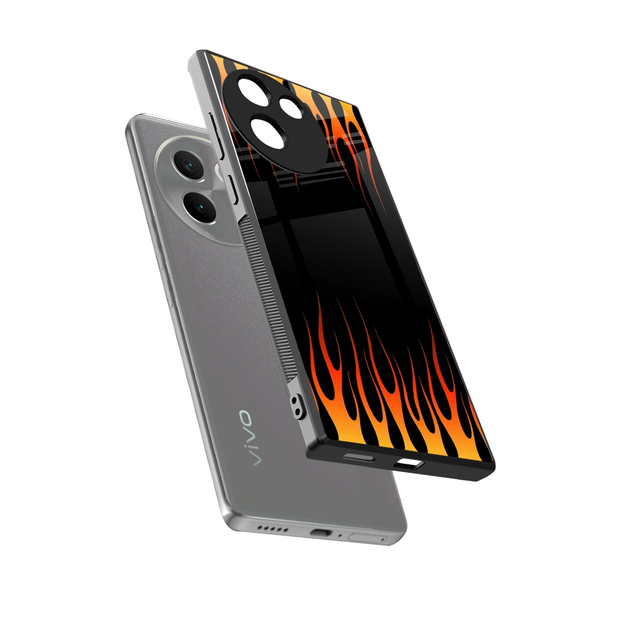 Flames Hot Red sleek vivo v30e cover with tempered glass back and TPU edges