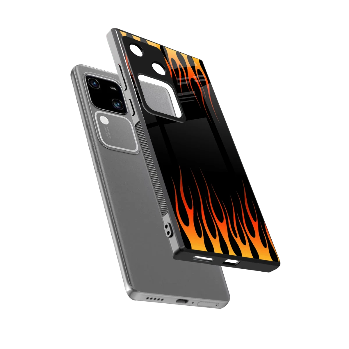 Flames Hot Red sleek vivo v30 cover with tempered glass back and TPU edges