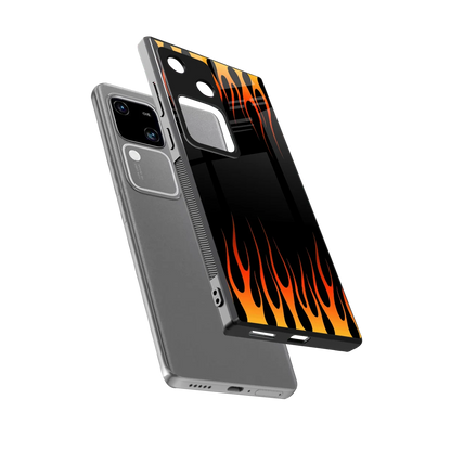 Flames Hot Red sleek vivo v30 cover with tempered glass back and TPU edges
