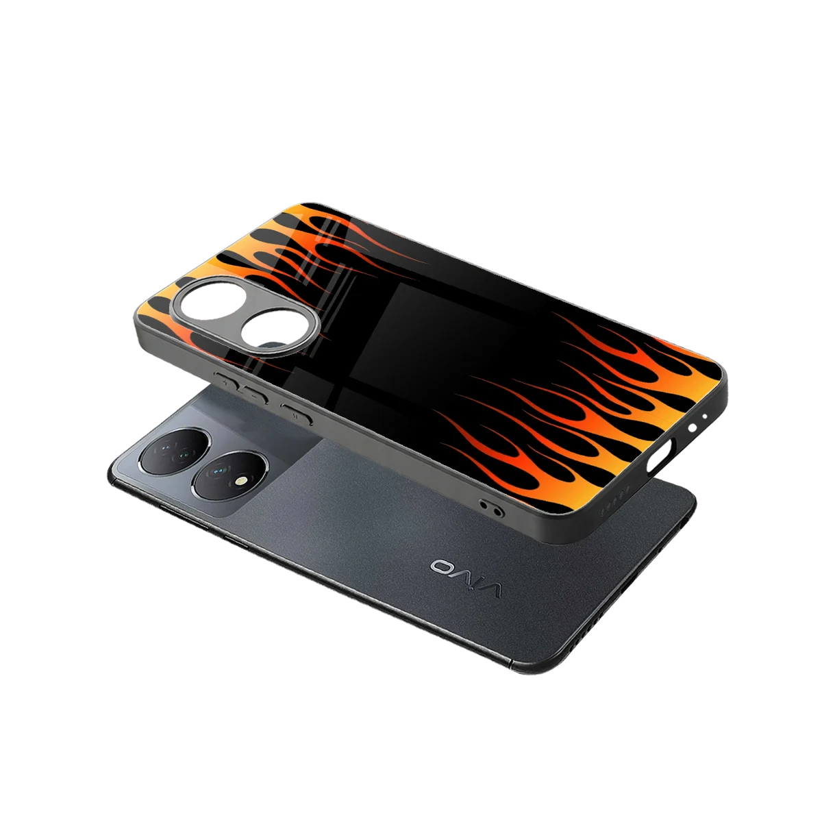 Flames Hot Red sleek Vivo-y100 cover with tempered glass back and TPU edges