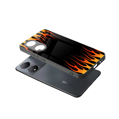 Flames Hot Red sleek Vivo-y100 cover with tempered glass back and TPU edges