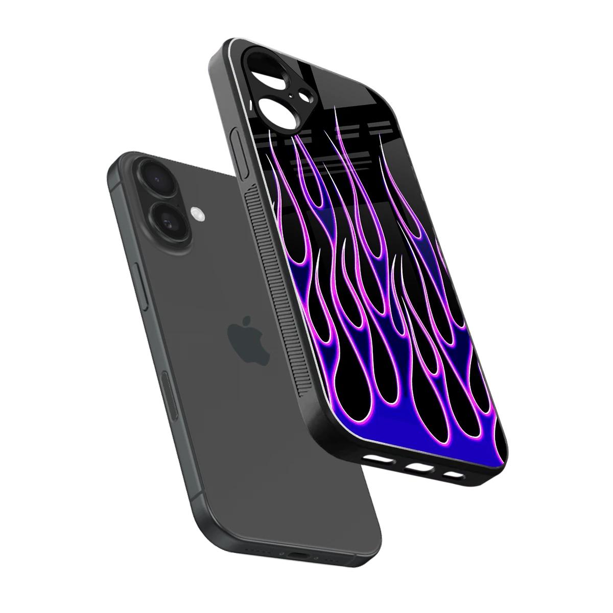 Flames Purple Inferno sleek iPhone 16 cover with tempered glass back and TPU edges