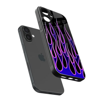 Flames Purple Inferno sleek iPhone 16 cover with tempered glass back and TPU edges