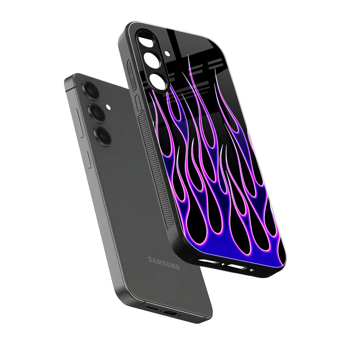 Flames Purple Inferno sleek samsung galaxy m34 5g cover with tempered glass back and TPU edges