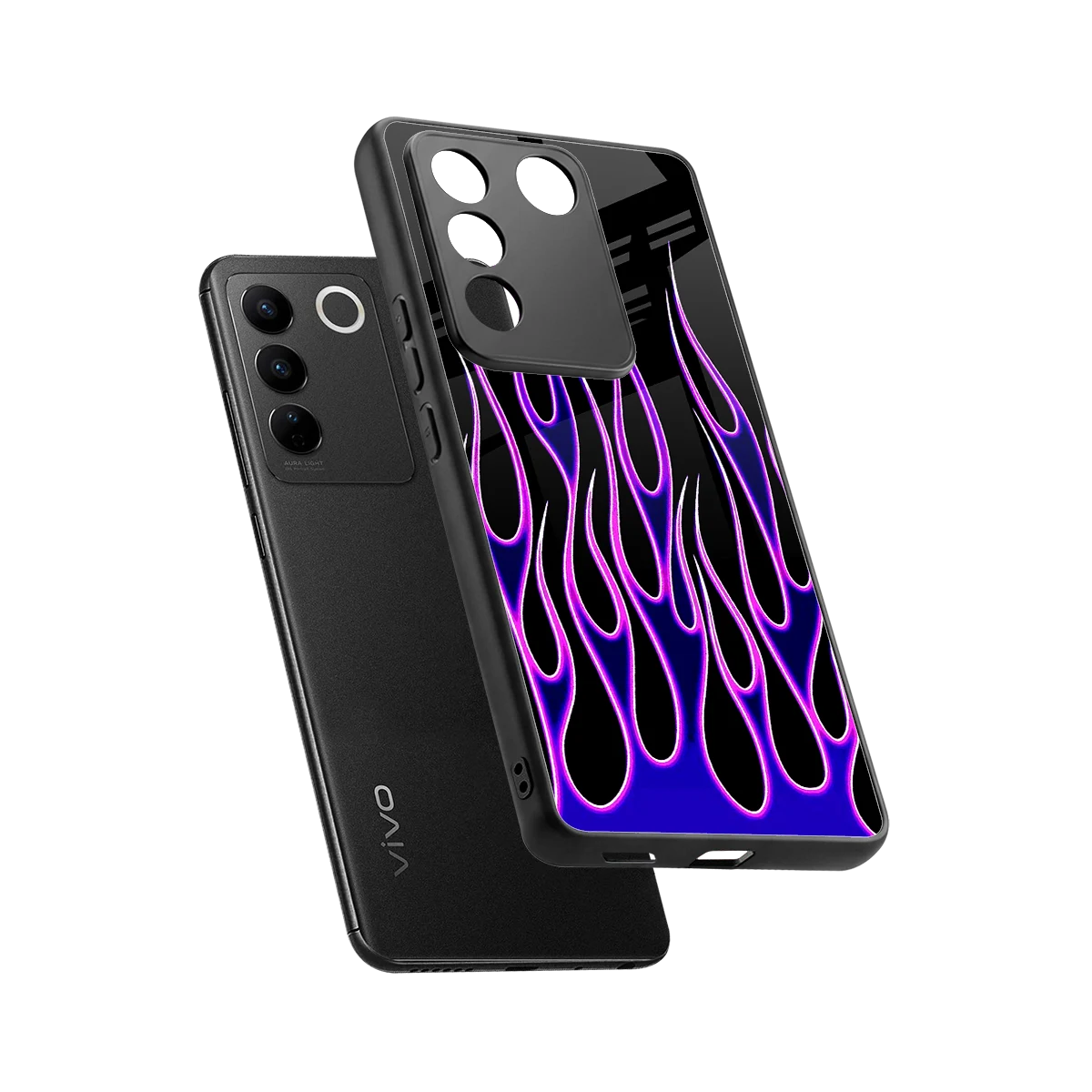 Flames Purple Inferno sleek vivo v27 5g cover with tempered glass back and TPU edges