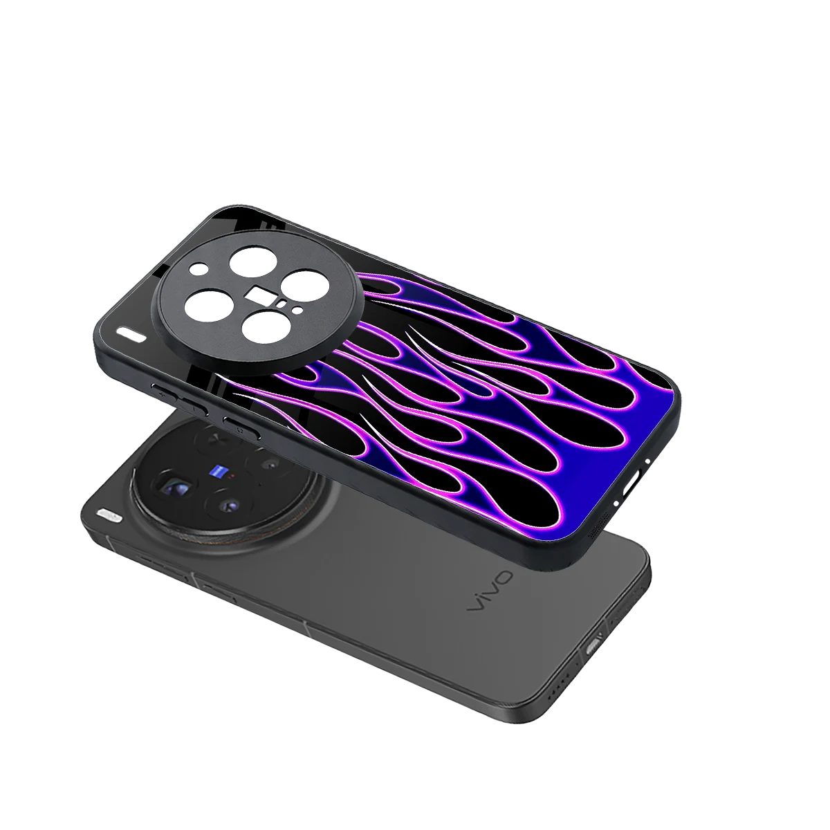 Flames Purple Inferno sleek vivo x300 pro cover with tempered glass back and TPU edges