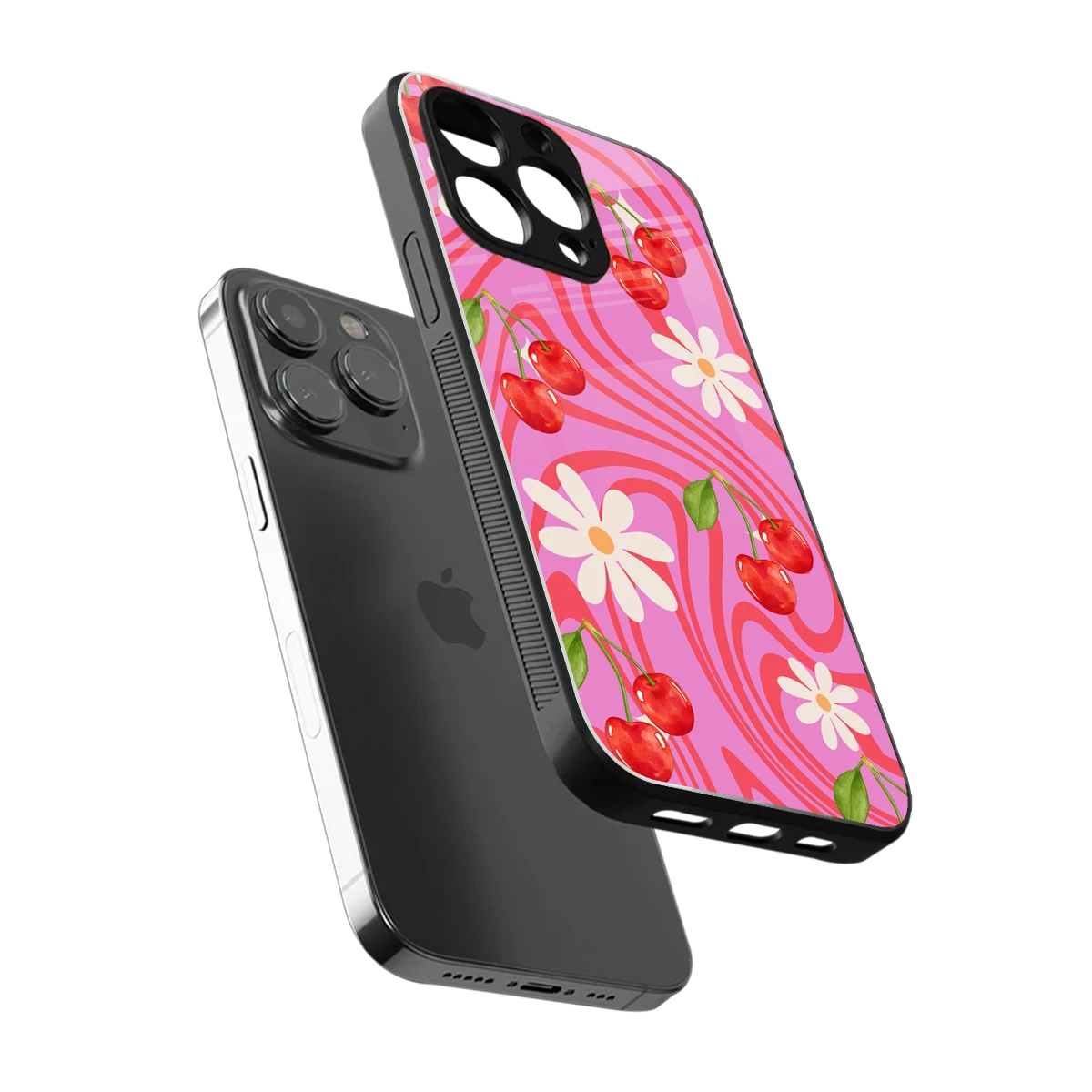 Floral Cherry sleek iphone 13 pro cover with tempered glass back and TPU edges