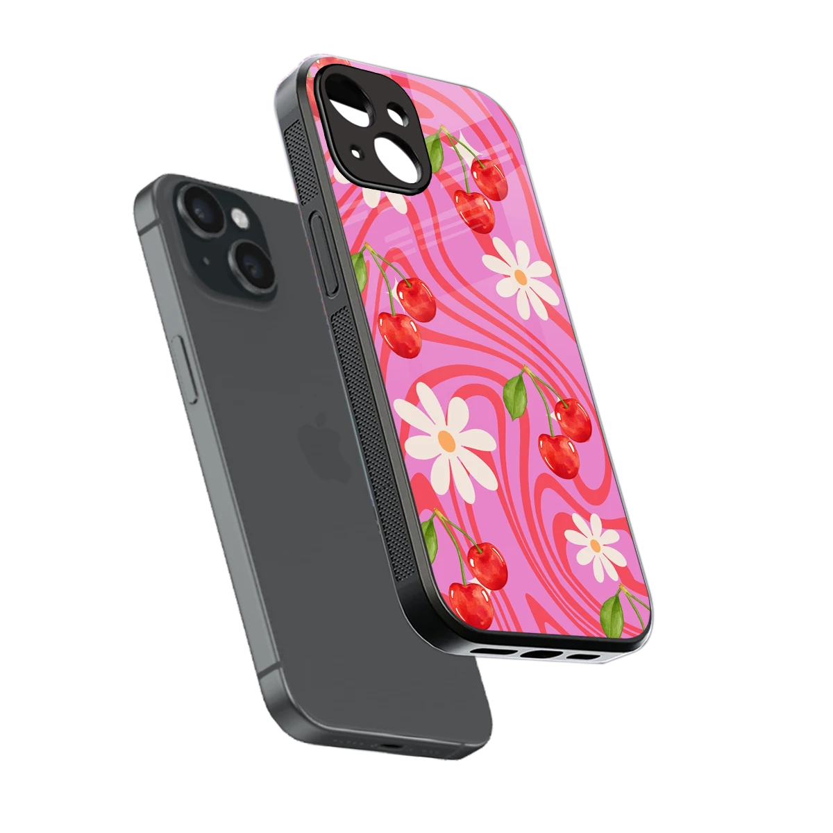 Floral Cherry sleek iphone 14 cover with tempered glass back and TPU edges