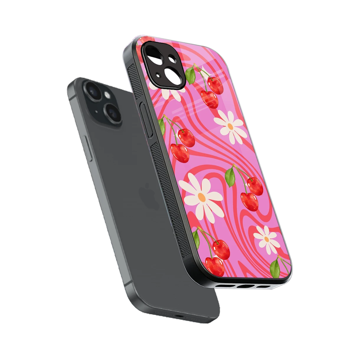 Floral Cherry sleek iphone 15 plus cover with tempered glass back and TPU edges
