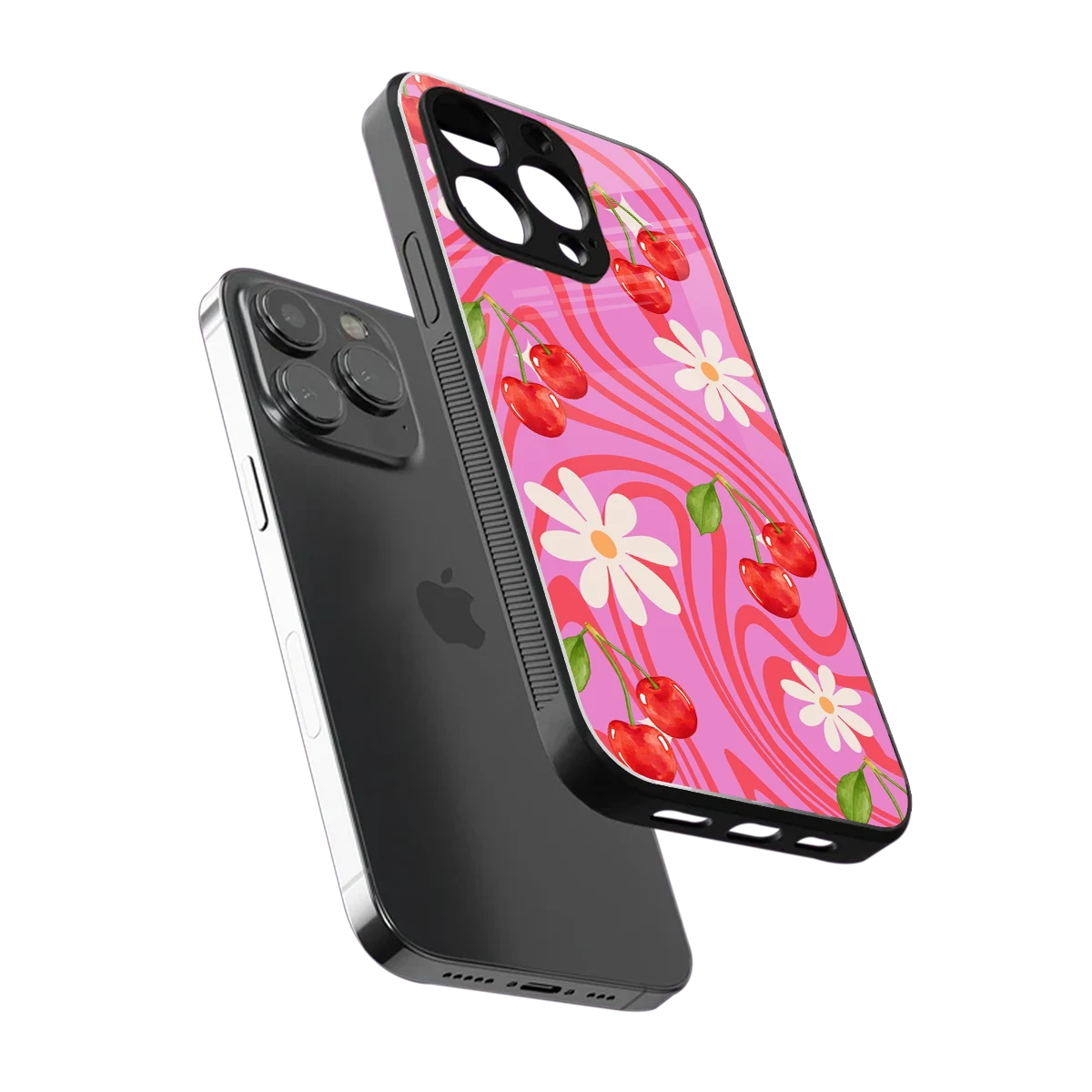 Floral Cherry sleek iphone 16 pro max cover with tempered glass back and TPU edges