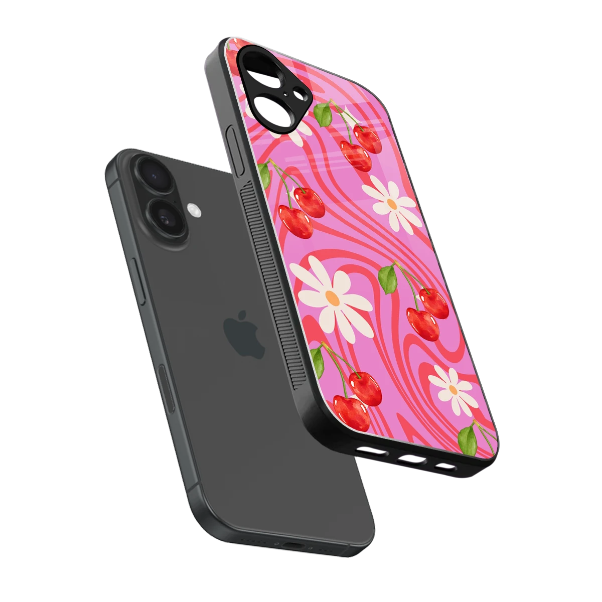 Floral Cherry sleek iPhone 16 cover with tempered glass back and TPU edges