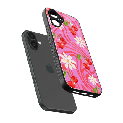 Floral Cherry sleek iPhone 16 cover with tempered glass back and TPU edges