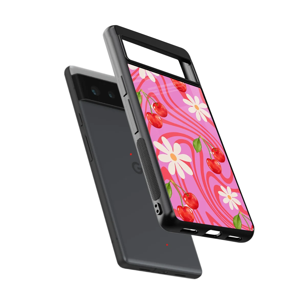 Floral Cherry sleek google pixel 6a cover with tempered glass back and TPU edges