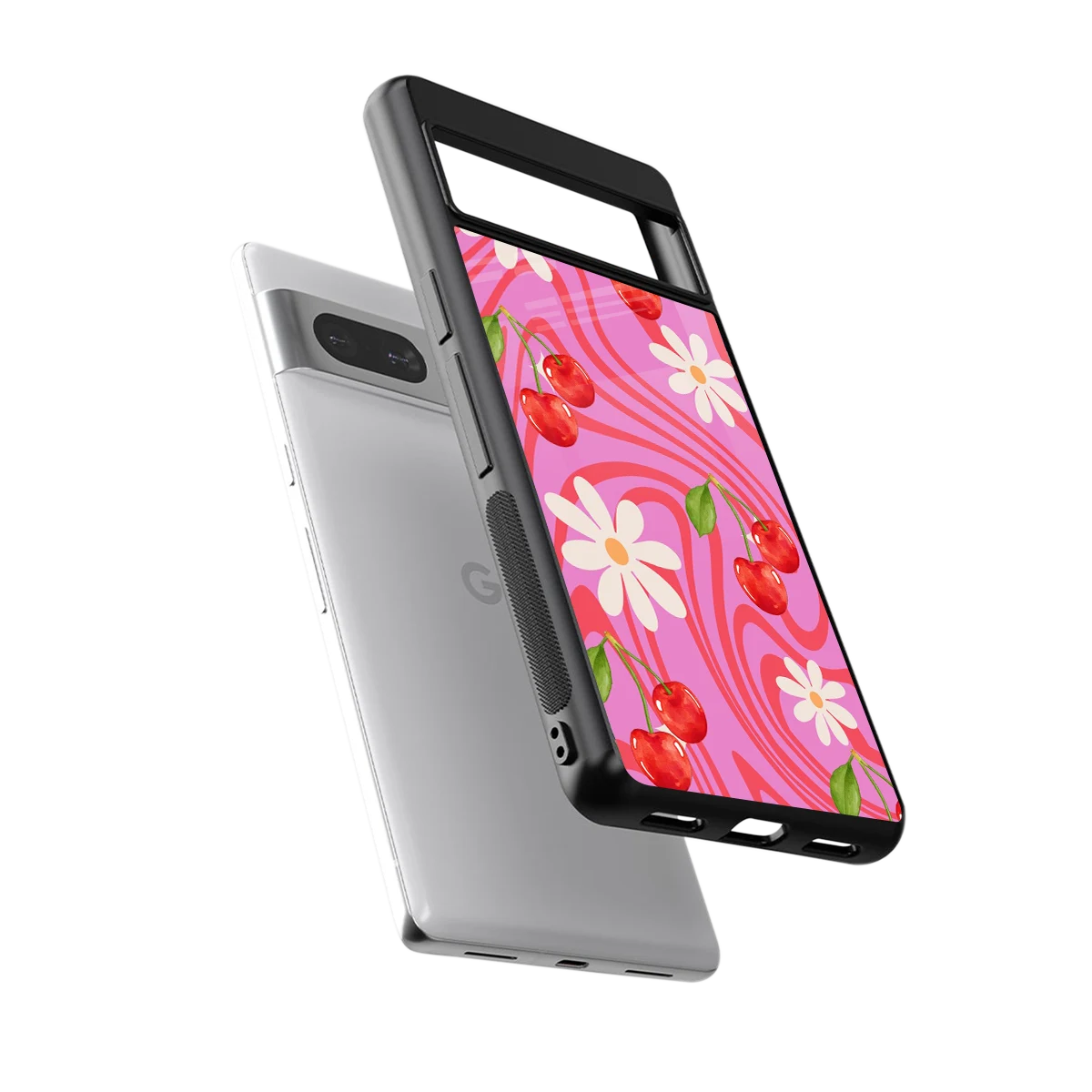 Floral Cherry sleek google pixel 7 cover with tempered glass back and TPU edges
