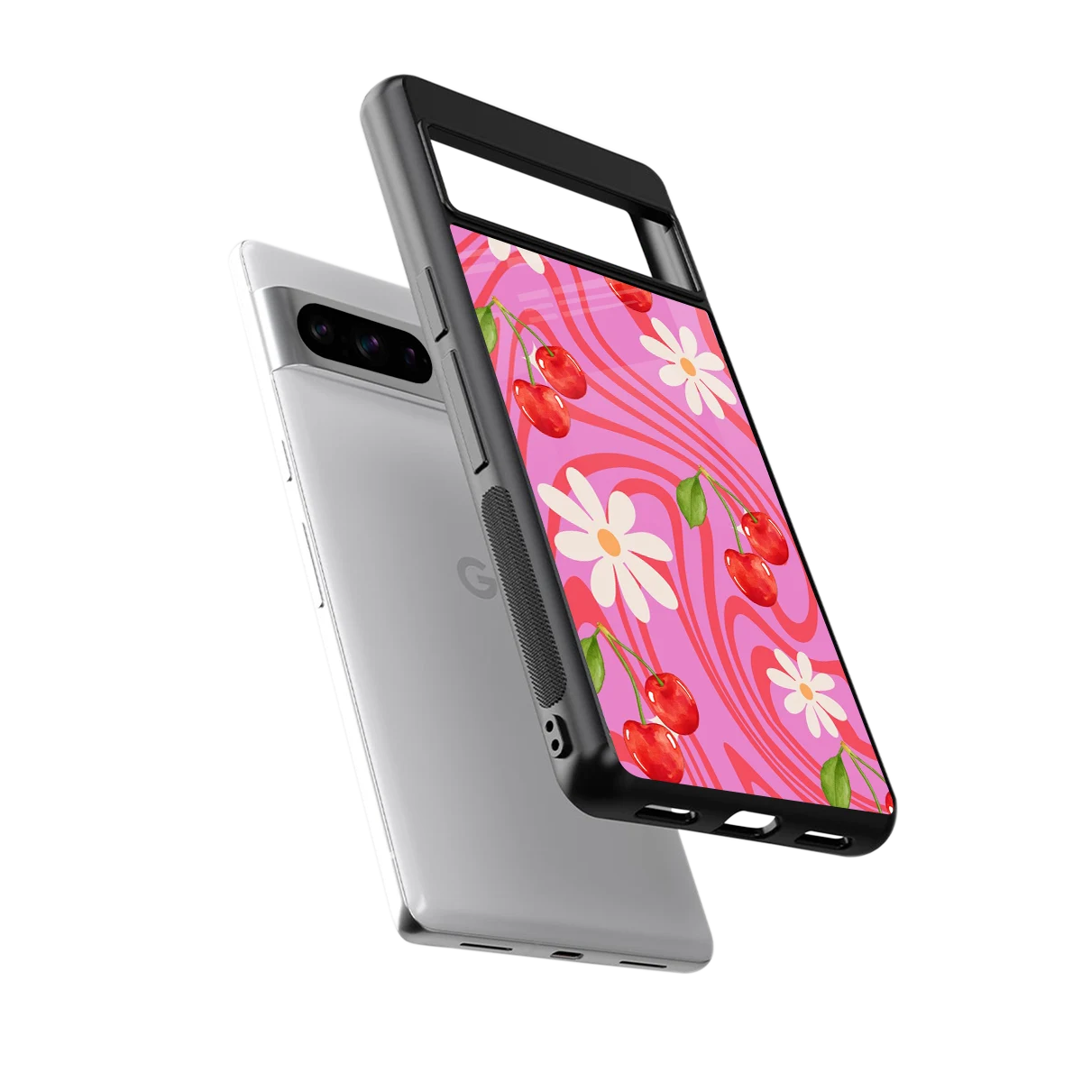 Floral Cherry sleek google pixel 8 pro cover with tempered glass back and TPU edges