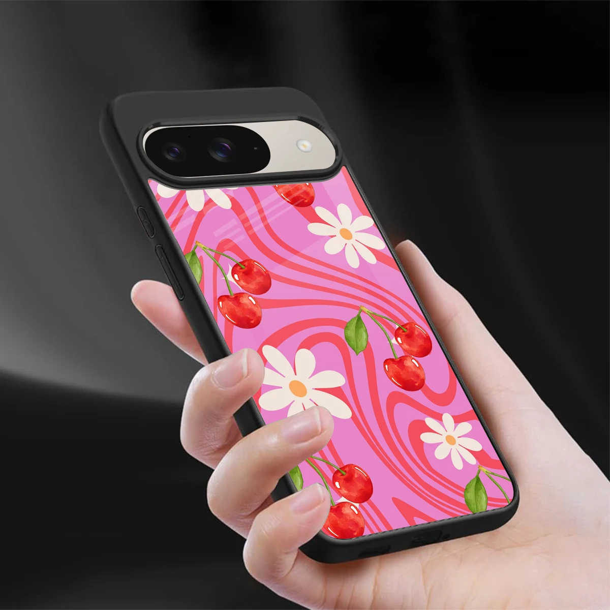 Floral Cherry sleek google pixel 9 cover with tempered glass back and TPU edges