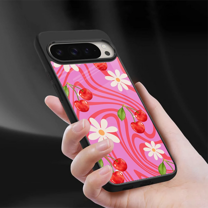Floral Cherry sleek google pixel 9 pro cover with tempered glass back and TPU edges